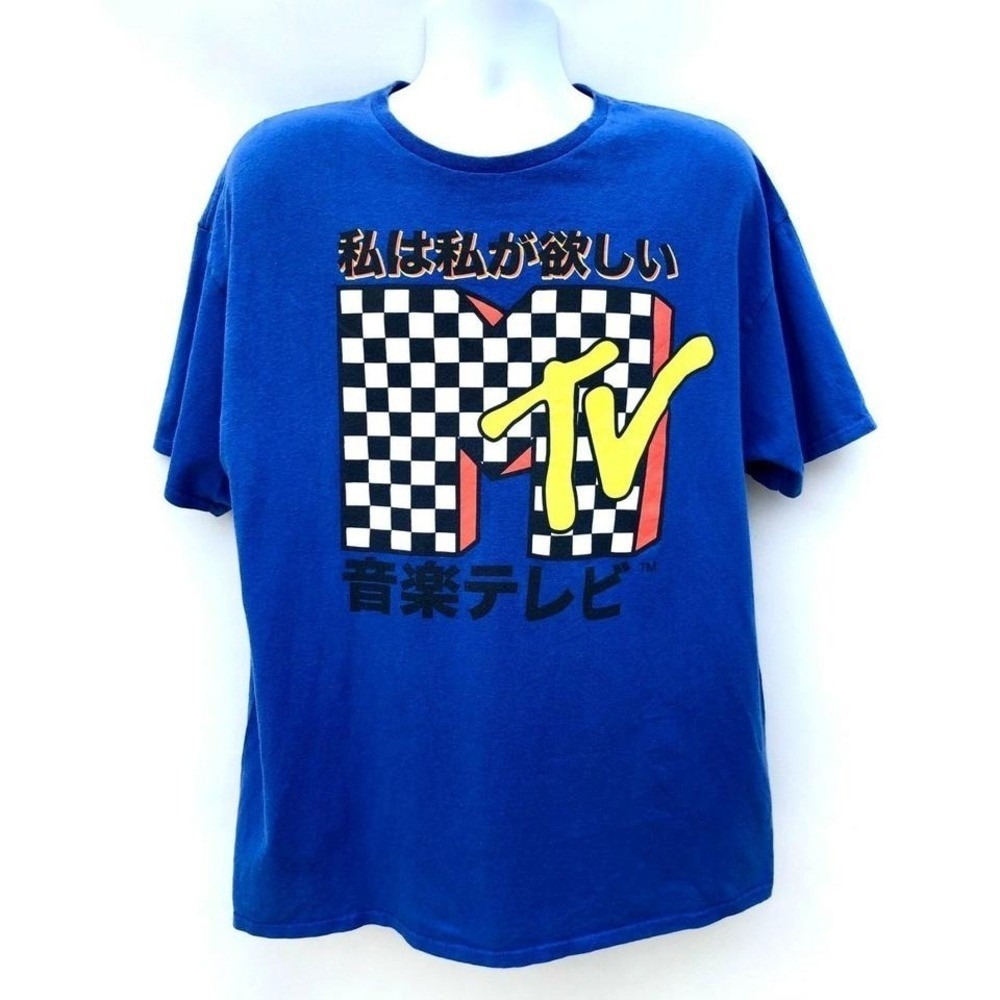 MTV Japanese Logo Graphic T Shirt Mens XL Blue Checkered Cotton Streetwear‎